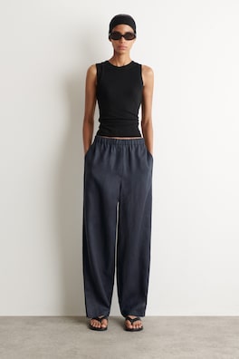ELASTICATED LINEN BARREL-LEG PANTS — NAVY 1