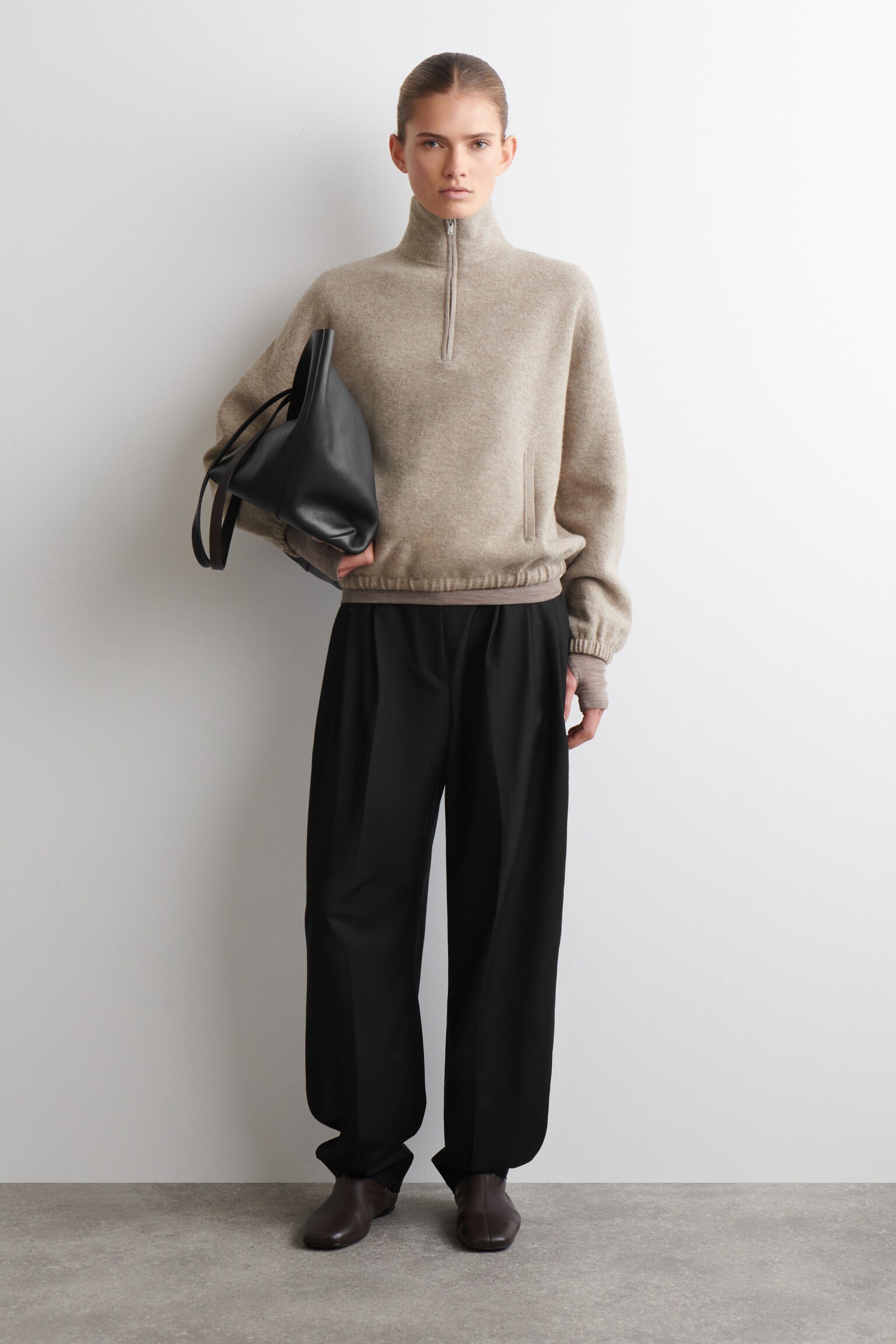 BOILED MERINO WOOL ZIP-UP JUMPER - BEIGE MÉLANGE/BROWN MÉLANGE - 3