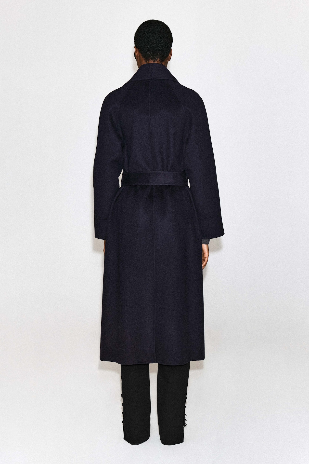 SHAWL-COLLAR DOUBLE-FACED WOOL LONG COAT — NAVY