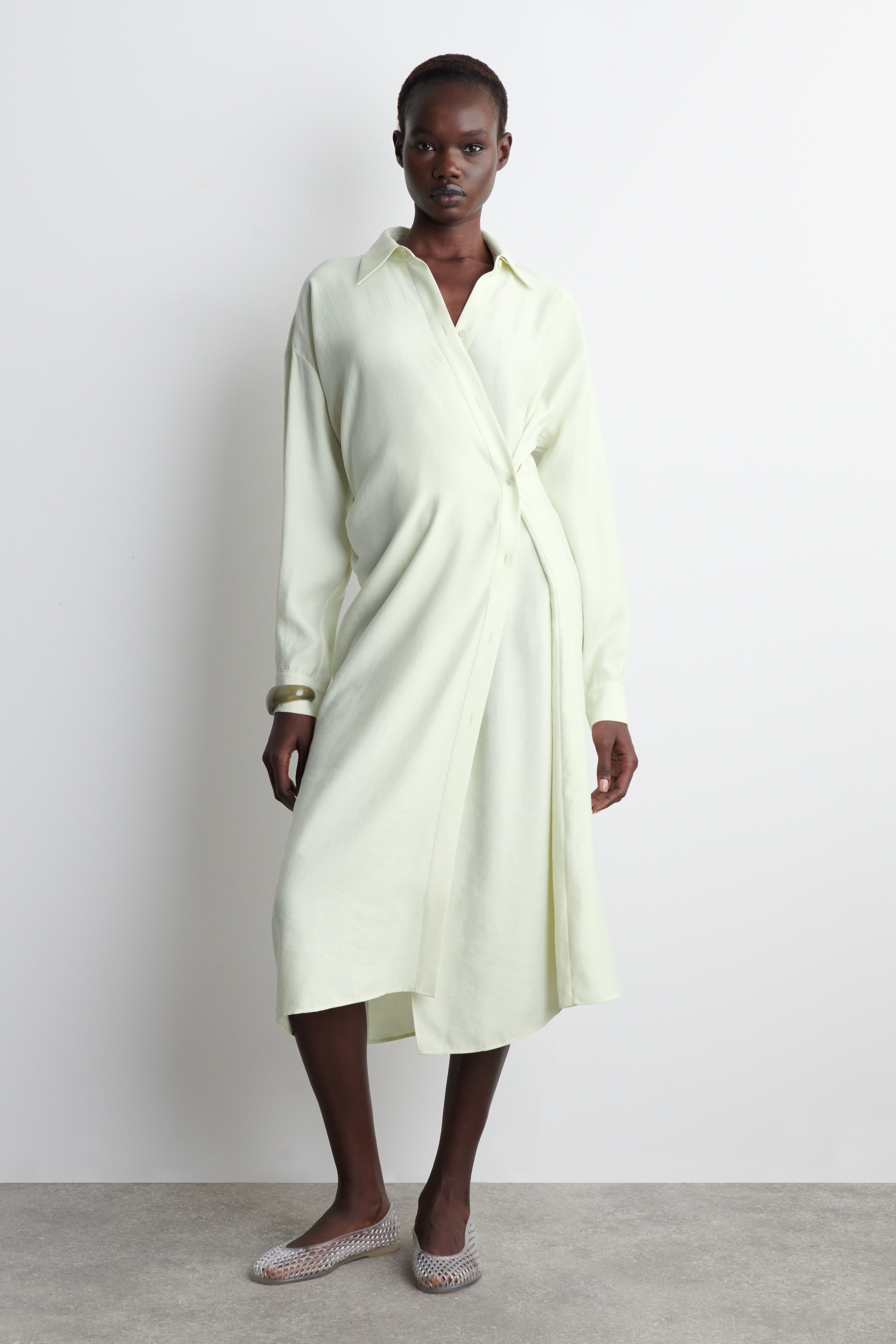 WRAP MIDI SHIRT DRESS - LIGHT GREEN/PINK / STRIPED