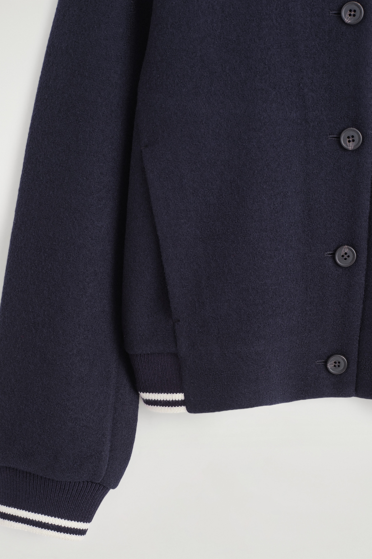BOILED WOOL-BLEND BOMBER JACKET — NAVY