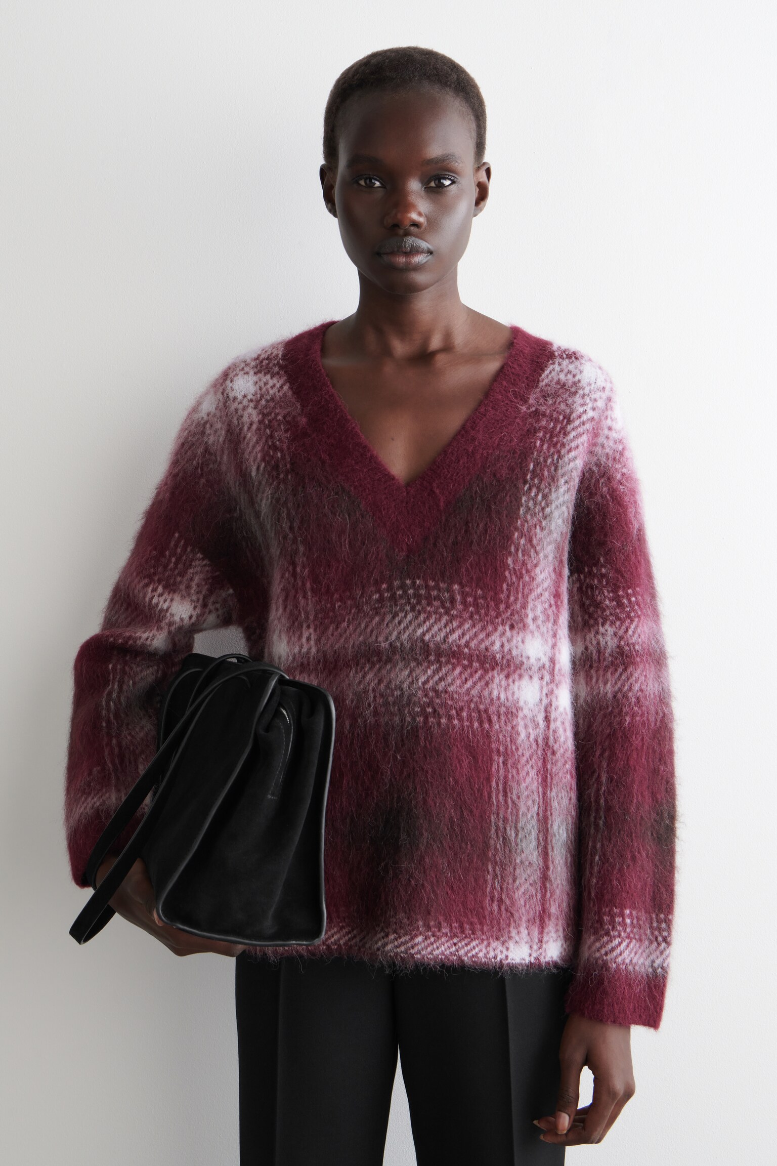 MAGLIONE A QUADRI IN MISTO ALPACA - BORDEAUX / QUADRI