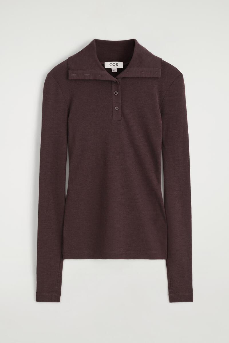 Merino Wool Buttoned Funnel-Neck Top