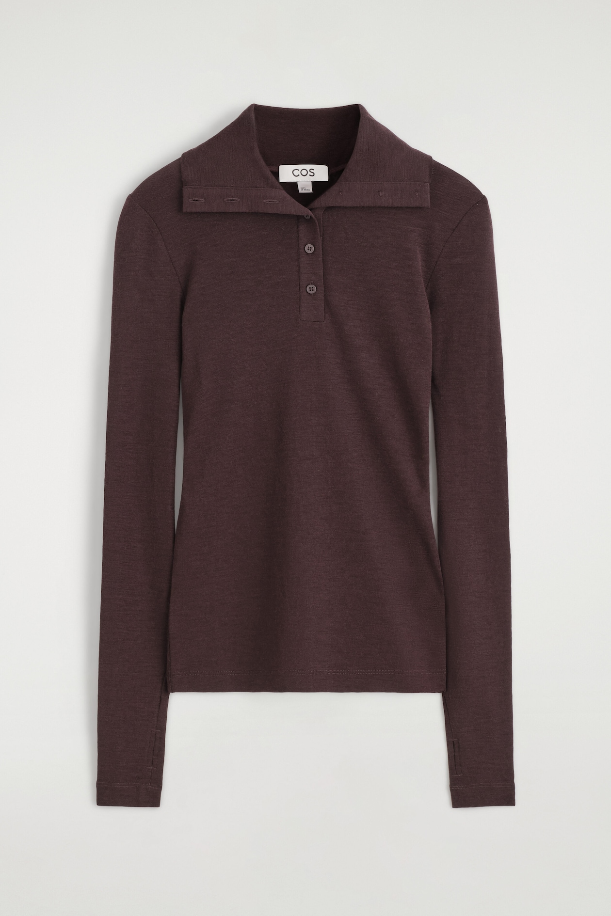 MERINO WOOL BUTTONED MOCK-NECK TOP — BURGUNDY