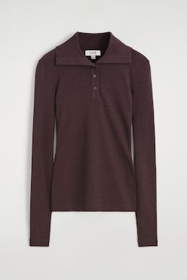 MERINO WOOL BUTTONED MOCK-NECK TOP — BURGUNDY 8