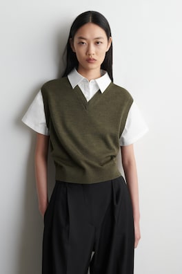 LAYERED MERINO WOOL SHIRT VEST — KHAKI / WHITE 1