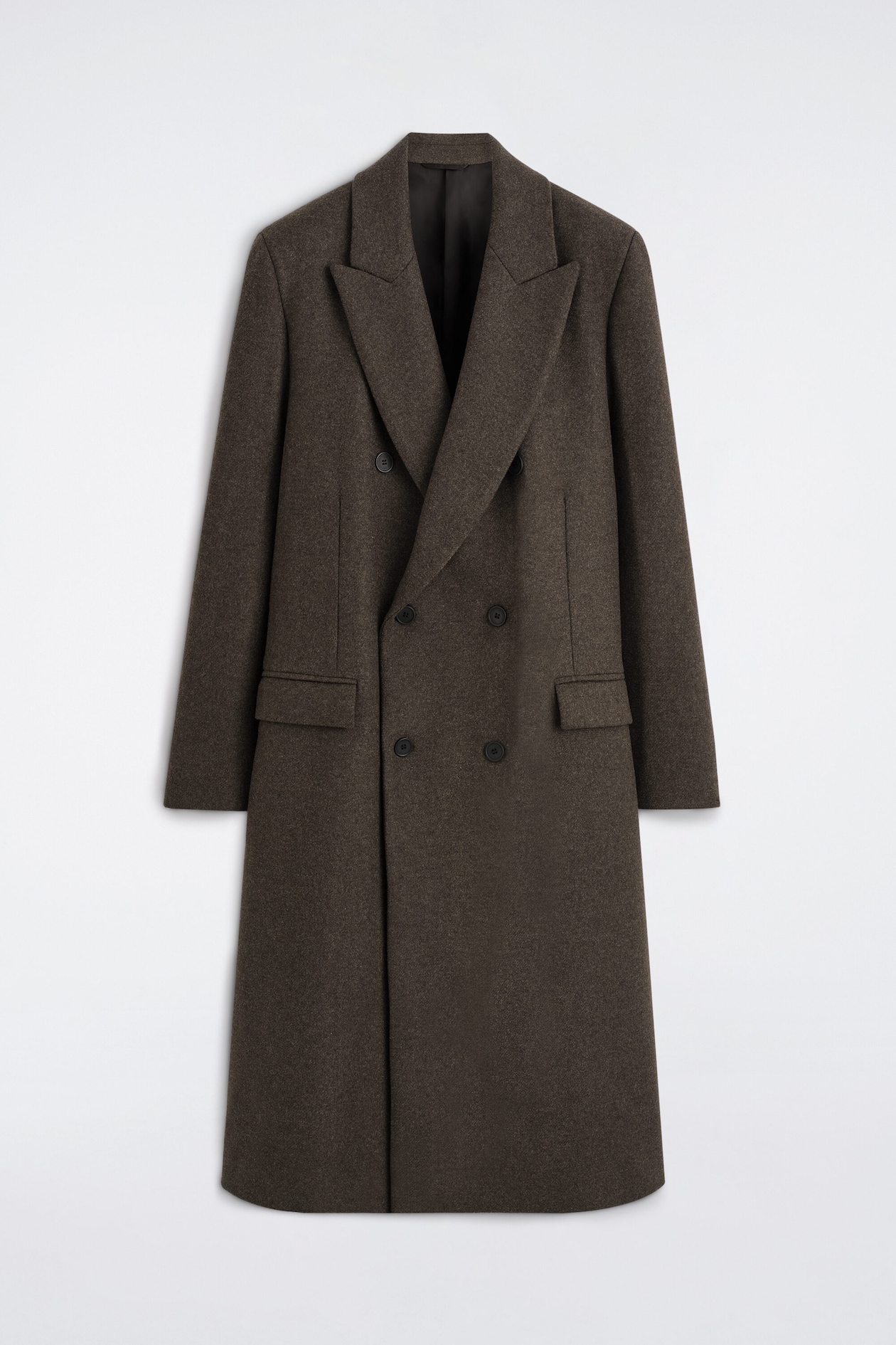 DOUBLE-BREASTED WOOL-BLEND LONG COAT — DARK-BROWN MÉLANGE
