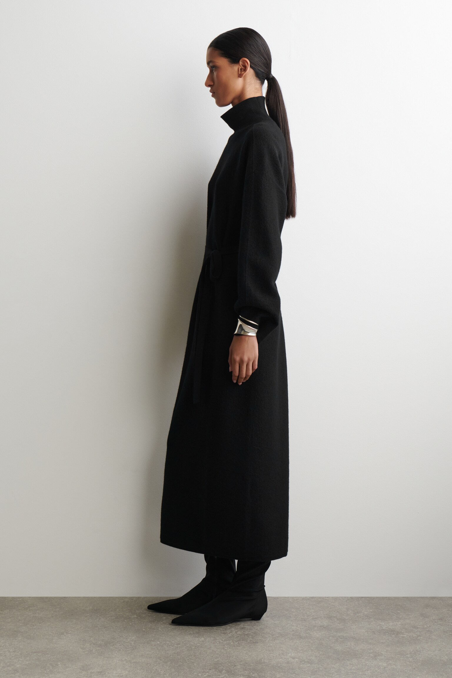 BOILED-WOOL FUNNEL-NECK DRESS - BLACK - 5