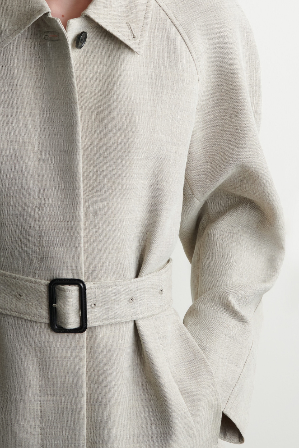 LINEN-WOOL LONG TRENCH COAT — STONE MÉLANGE