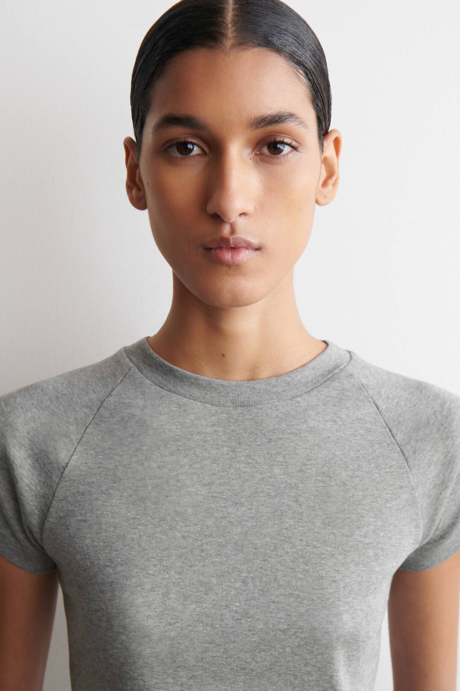 SLIM COTTON T-SHIRT - אפור מלנג'/לבן - 5