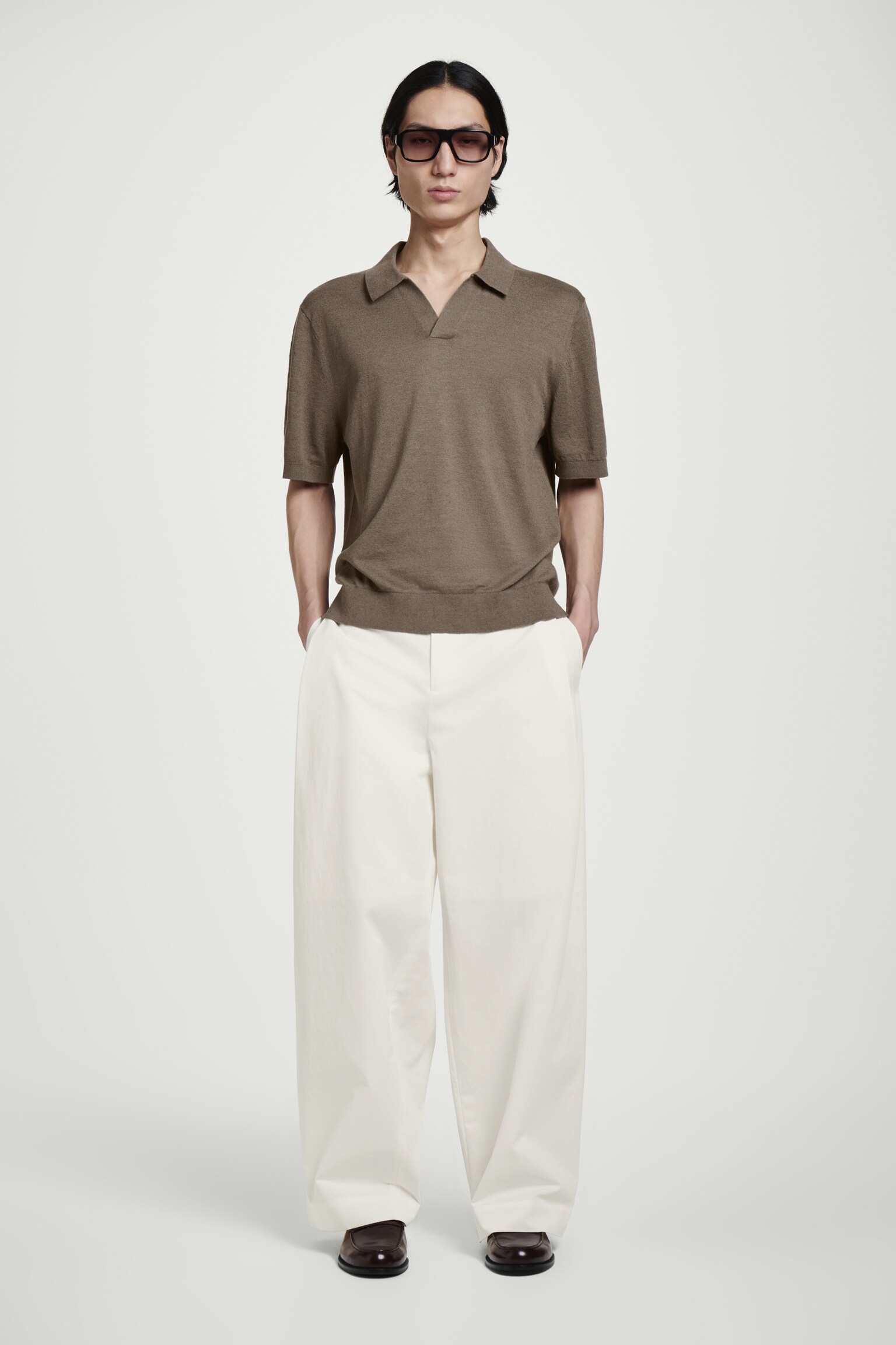 POLO EN MAILLE DE LIN - TAUPE FONCÉ/BLEU - 3