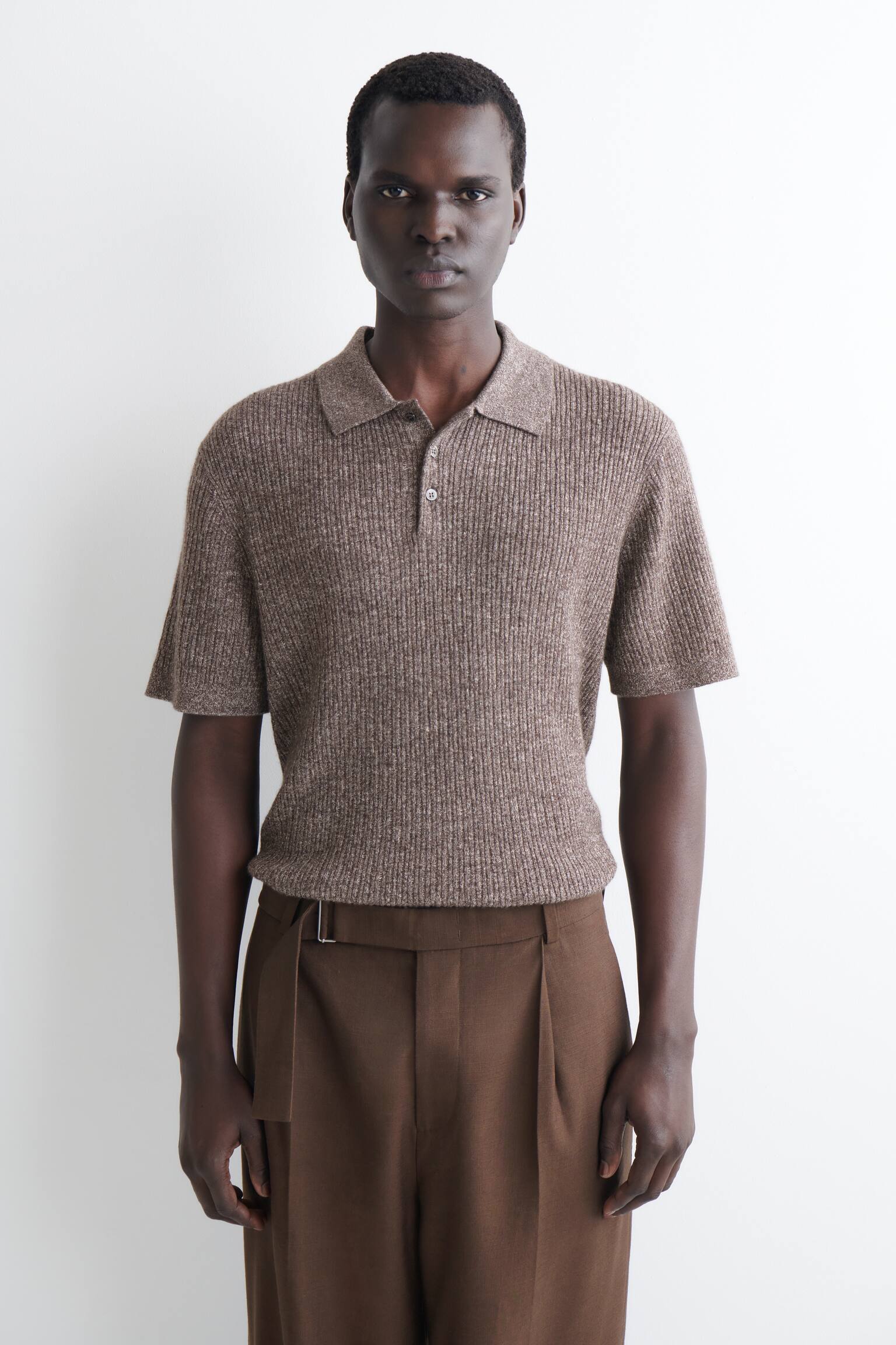 CASHMERE-LINEN POLO SHIRT - BROWN MÉLANGE - 1