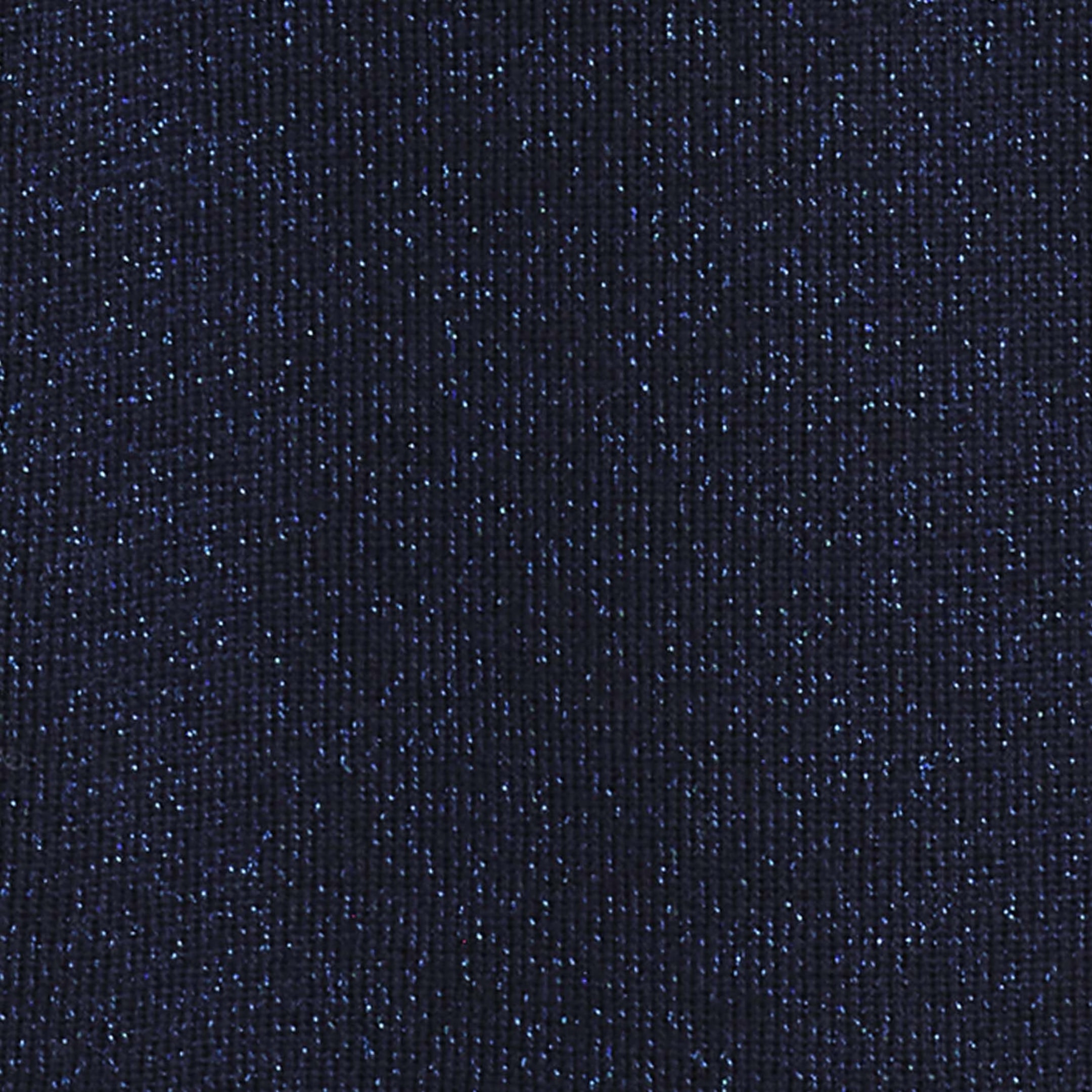 A close-up view of the sparkly seamless wool funnel-neck top shows the details of its dark navy blue knit fabric. The material features a fine ribbed texture interwoven with shimmering blue metallic threads that create an all-over sparkly effect.