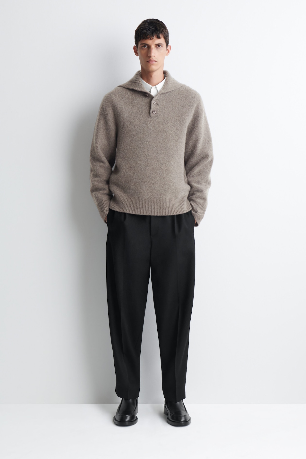 BUTTONED PURE CASHMERE MOCK-NECK SWEATER — MOCHA