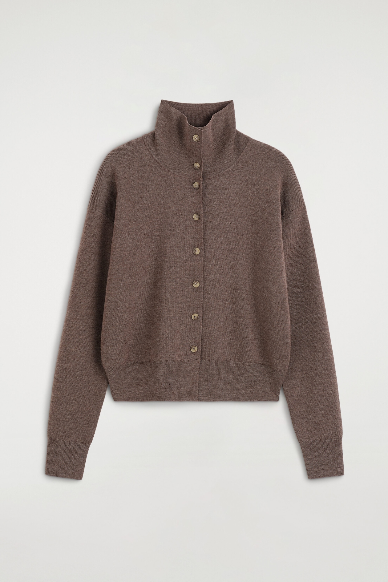 MERINO WOOL MOCK-NECK CARDIGAN — BROWN MÉLANGE