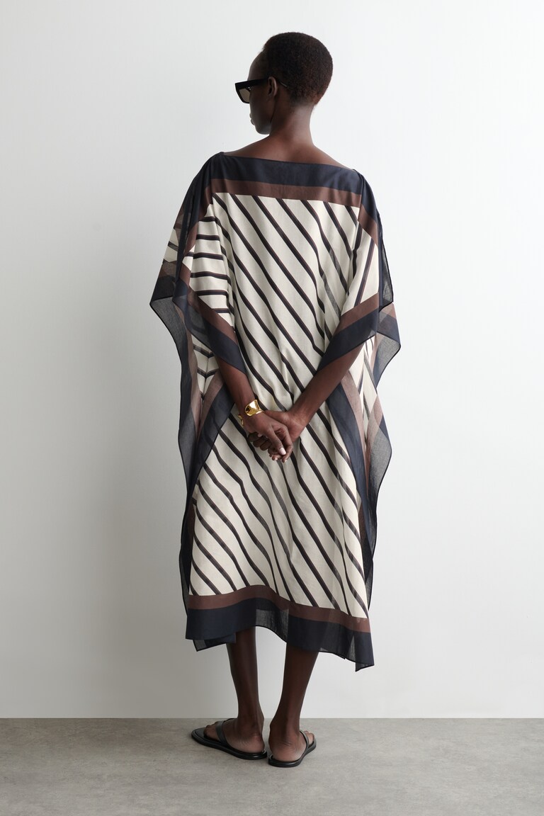CAFTAN DRAPÉ EN COTON IVOIRE BLEU MARINE RAYURES FEMME