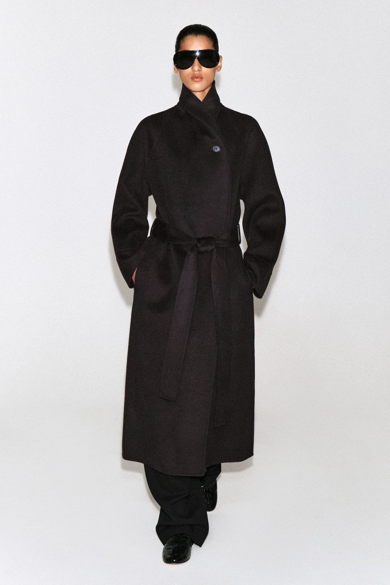 SHAWL-COLLAR DOUBLE-FACED WOOL LONG COAT — DARK BROWN