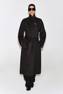 SHAWL-COLLAR DOUBLE-FACED WOOL LONG COAT — DARK BROWN 1