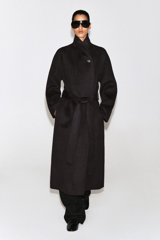 SHAWL-COLLAR DOUBLE-FACED WOOL LONG COAT — DARK BROWN