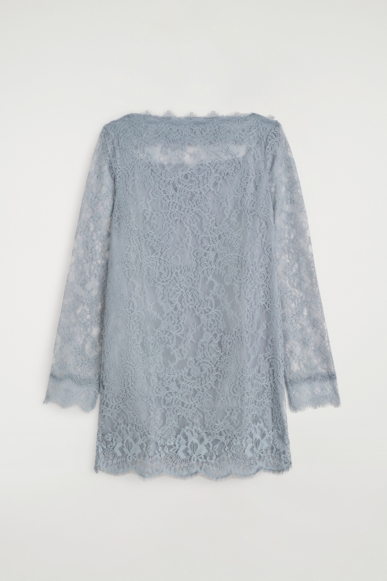 BOAT-NECK LACE MINI DRESS — LIGHT BLUE