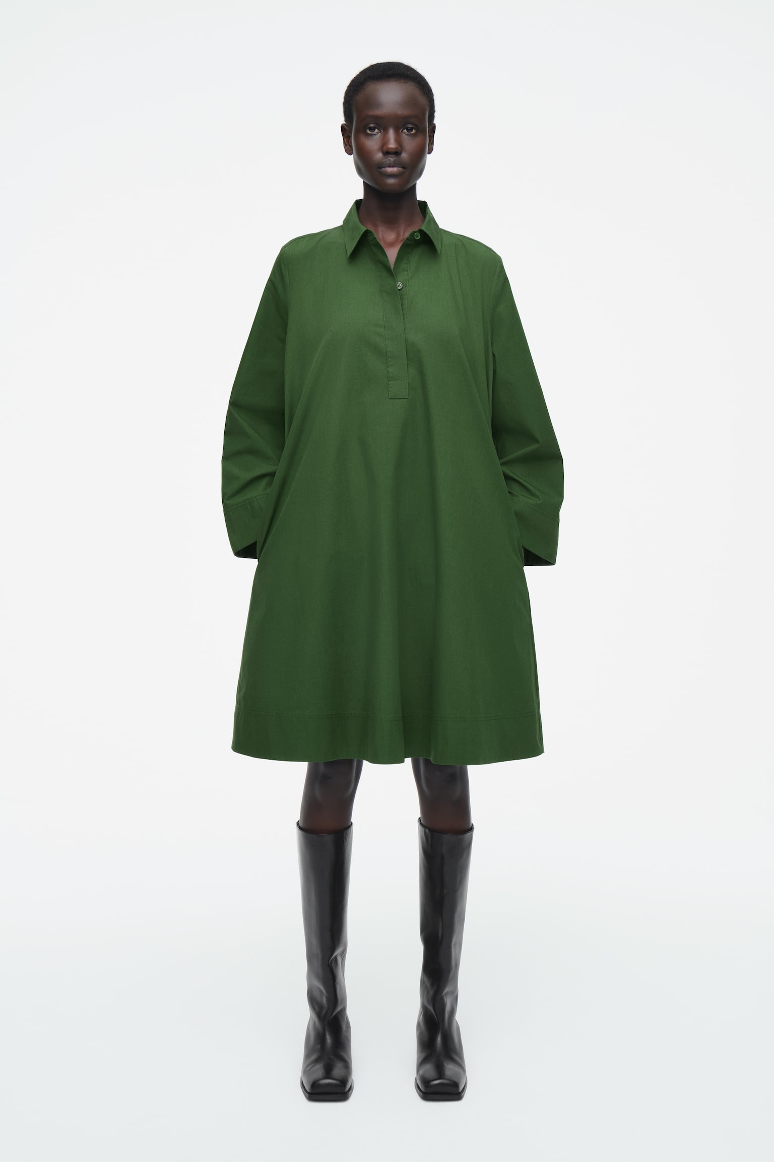 LONG-SLEEVED A-LINE SHIRT DRESS - GREEN