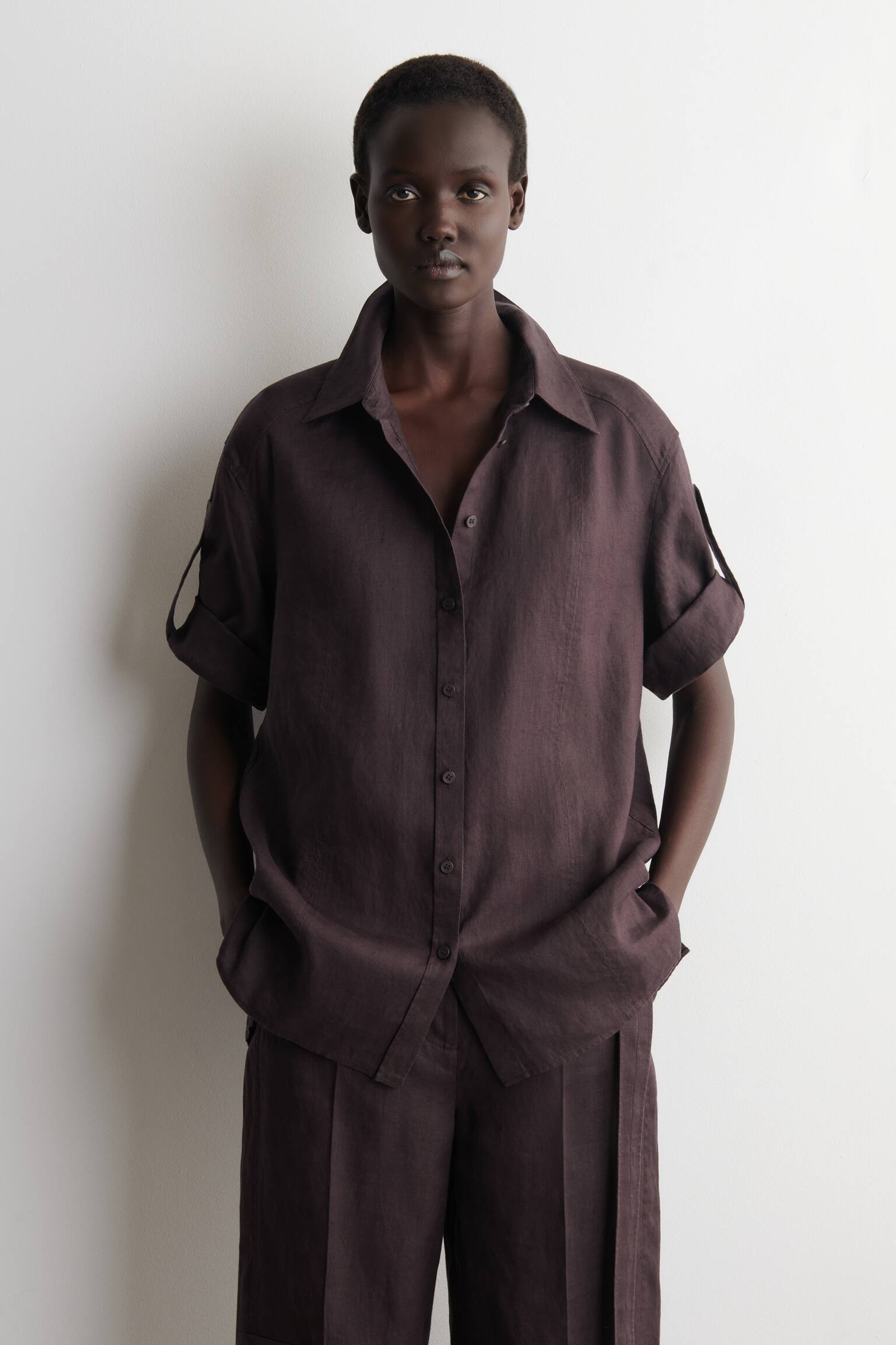 CAMICIA IN LINO CON MANICHE RIPIEGATE - BORDEAUX/BEIGE - 1