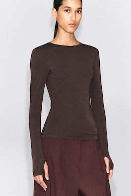 COTTON LONG-SLEEVED TOP — DARK BROWN 3