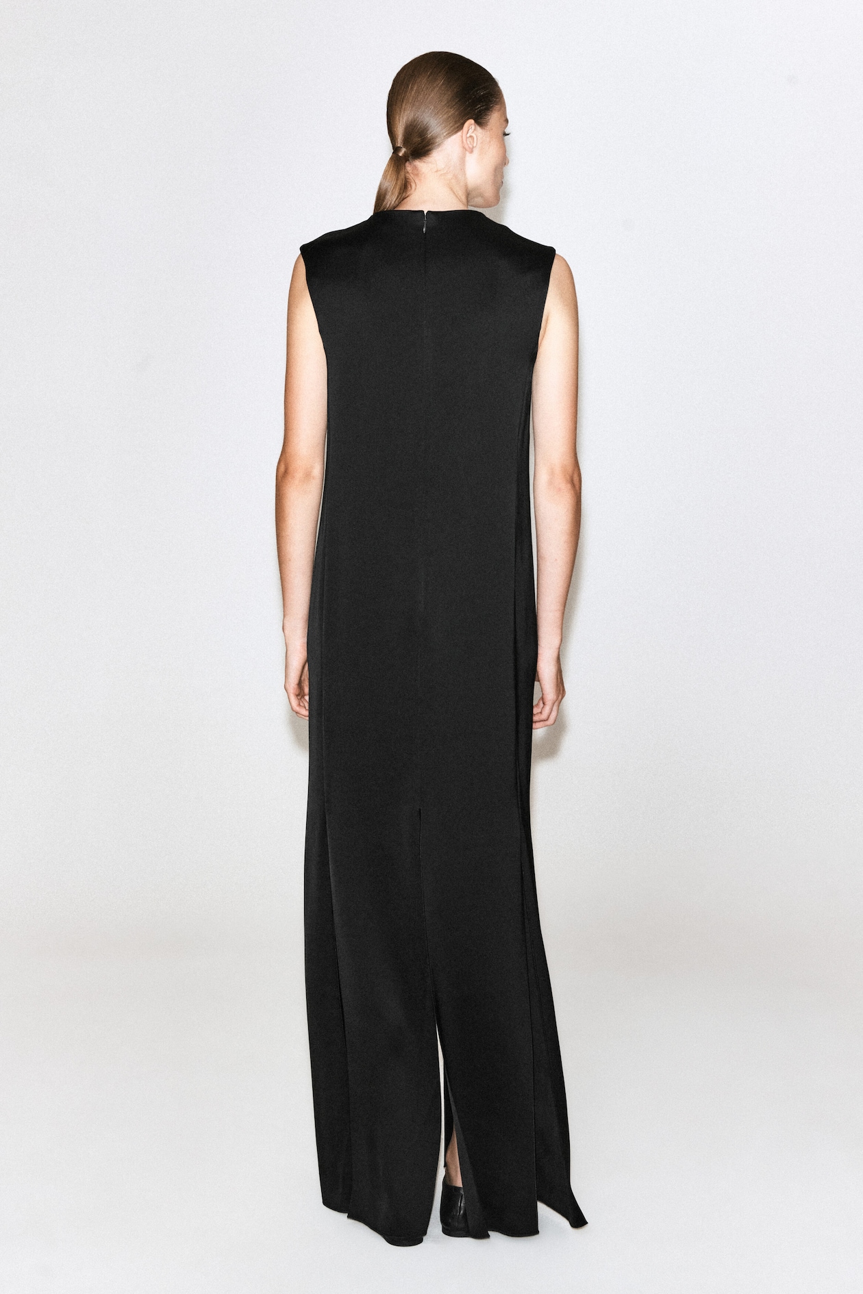 PANELED MATTE-SATIN COLUMN DRESS — CARBON