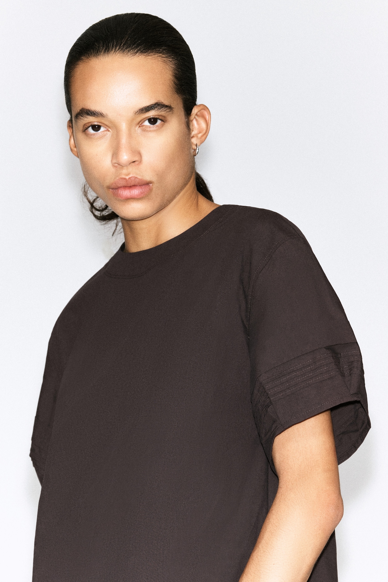PINTUCKED COTTON BLOUSE — BROWN