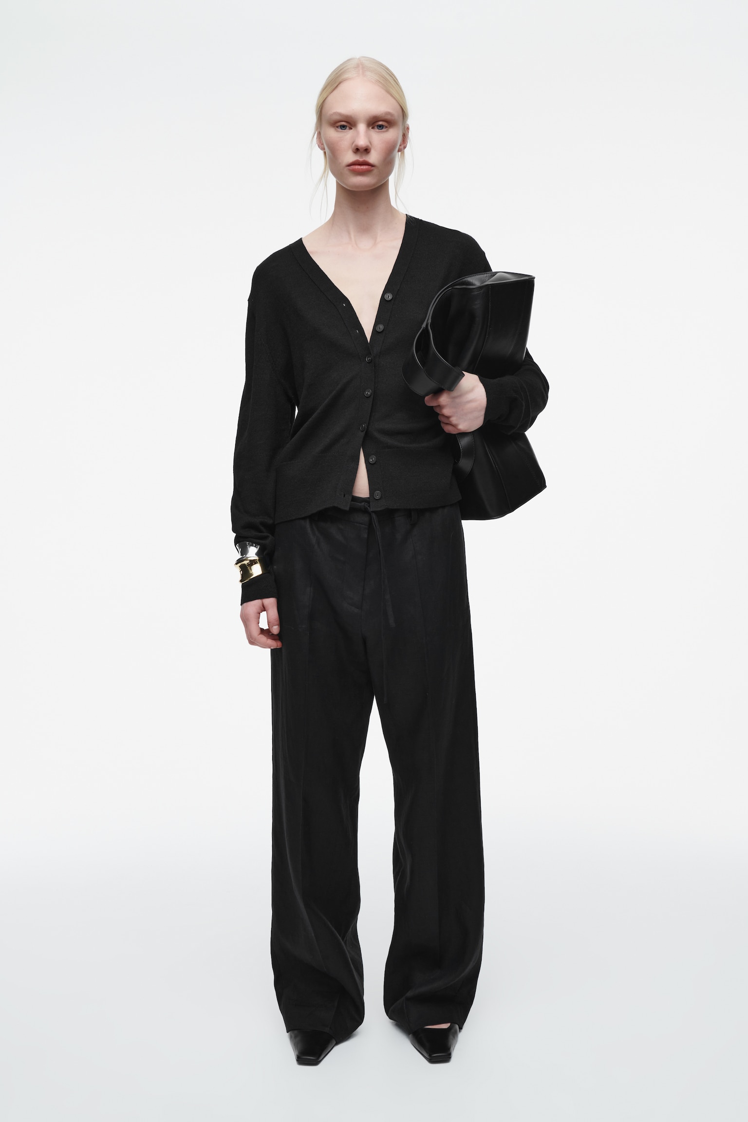 MERINO WOOL-LINEN BLEND V-NECK CARDIGAN - BLACK/OFF-WHITE - 3