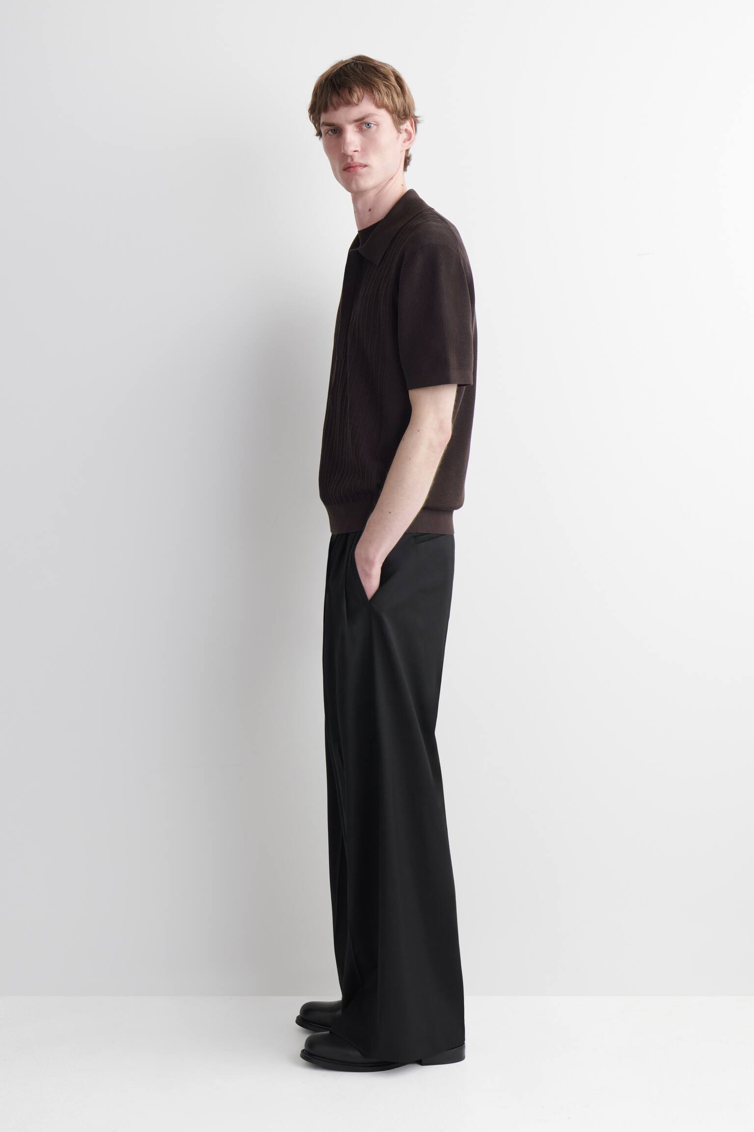 POLO EN COTON À PANNEAUX TEXTURÉS - BRUN FONCÉ/BLANC - 7