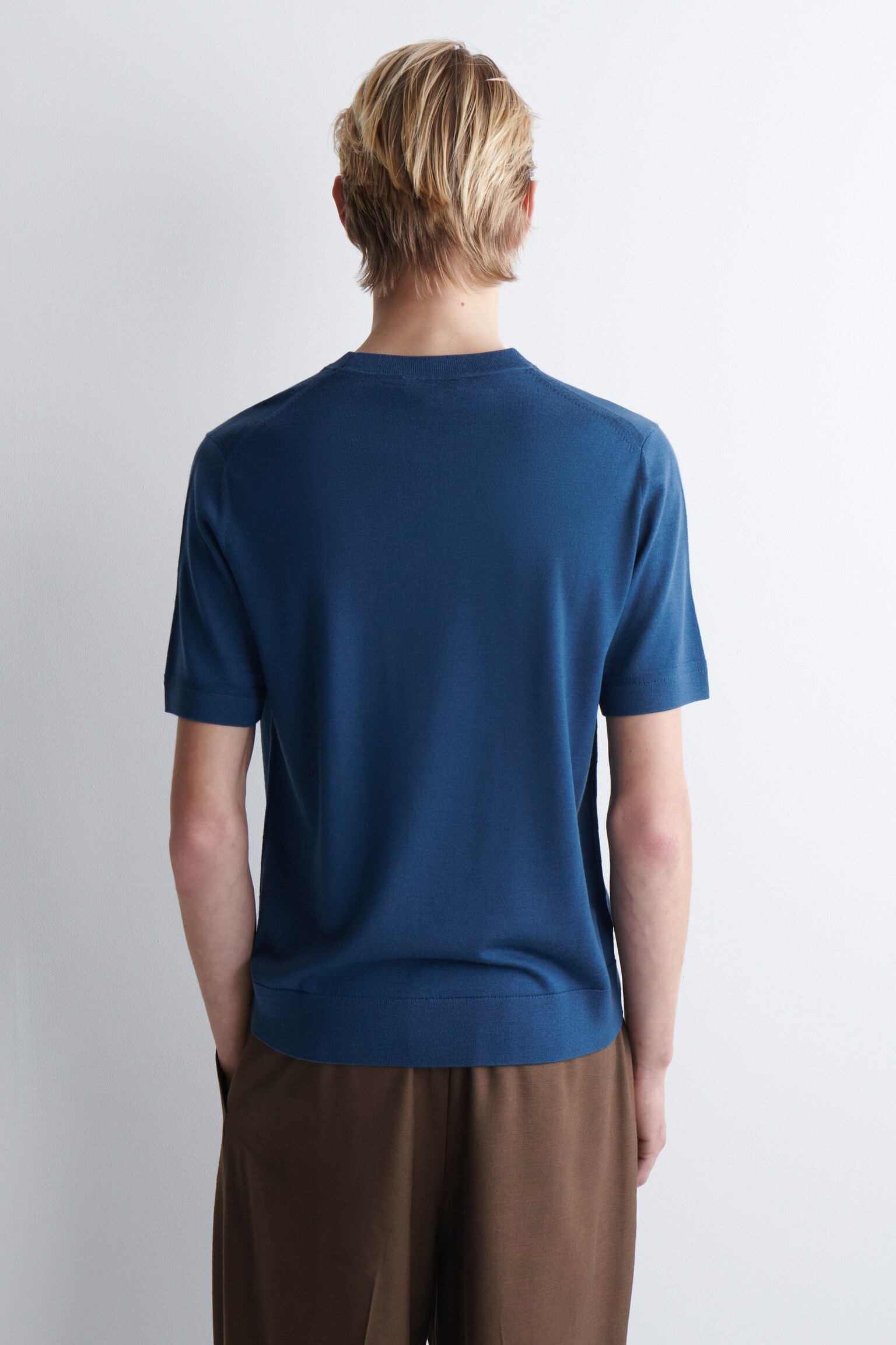 Slim-fit gebreid T-shirt van merinowol - Donkerblauw - 5