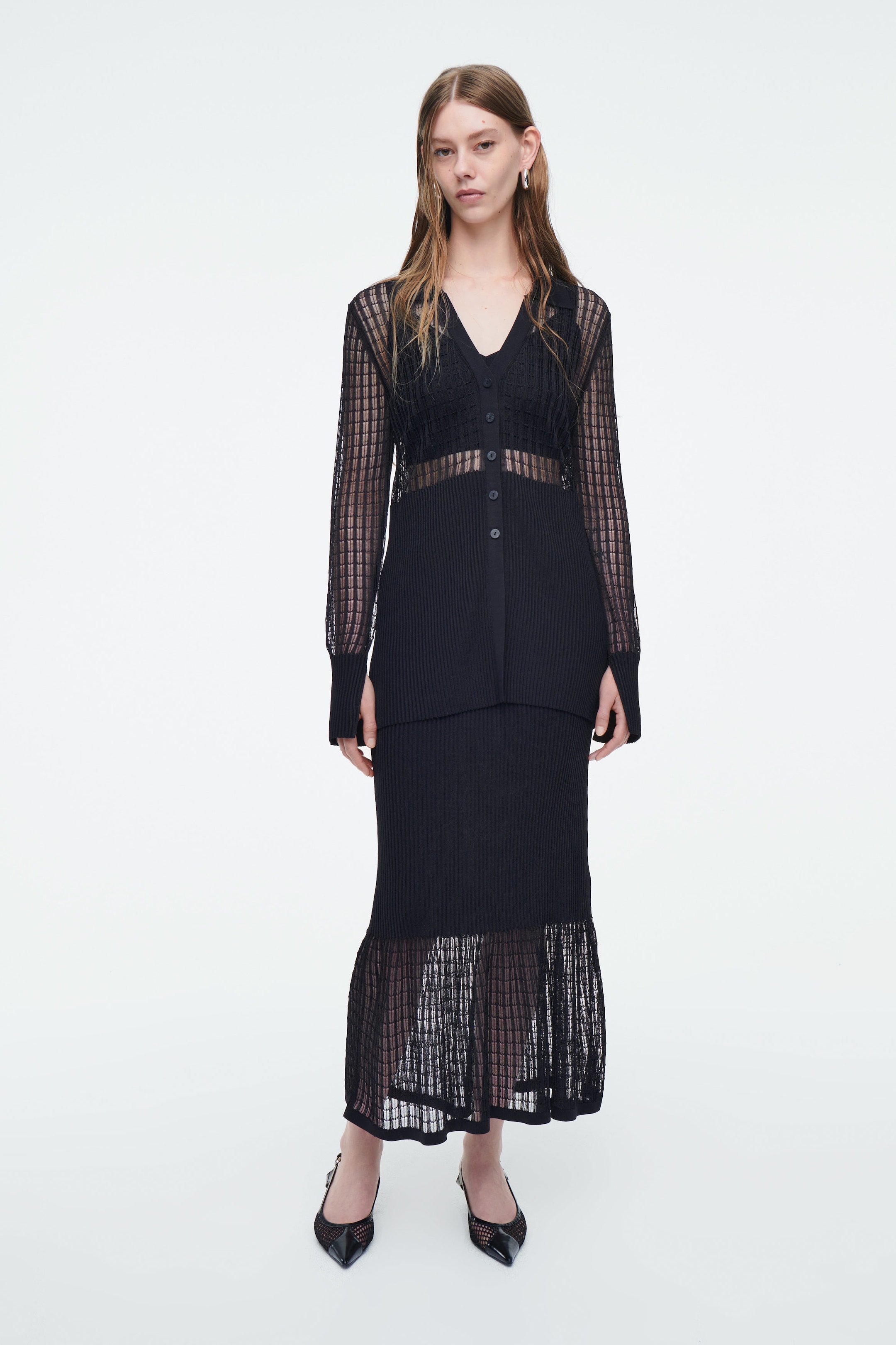 LACE-STITCH RIBBED-KNIT CARDIGAN