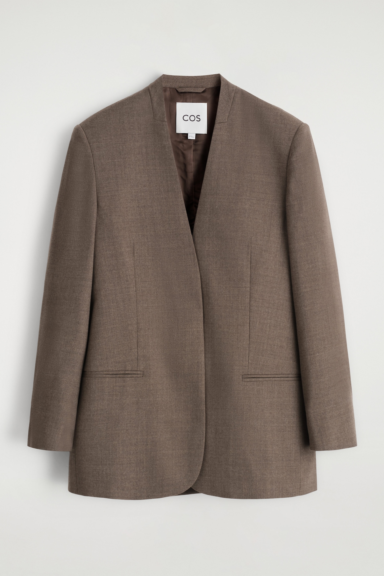COLLARLESS WOOL-BLEND BLAZER — BROWN