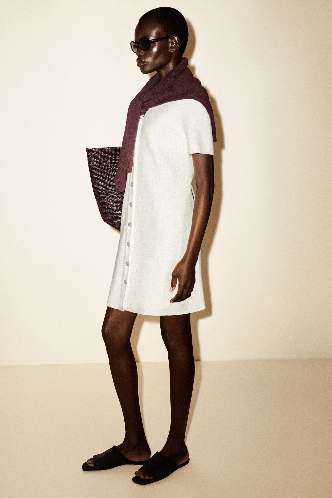 BUTTONED MILANO-KNIT MINI DRESS — WHITE