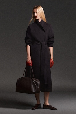 SHAWL-COLLAR DOUBLE-FACED WOOL LONG COAT — DARK BROWN 7