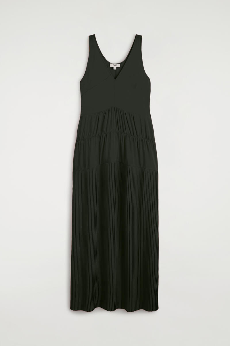 COS Gathered Pleated V-Neck Maxi Dress Green Women's Size 44