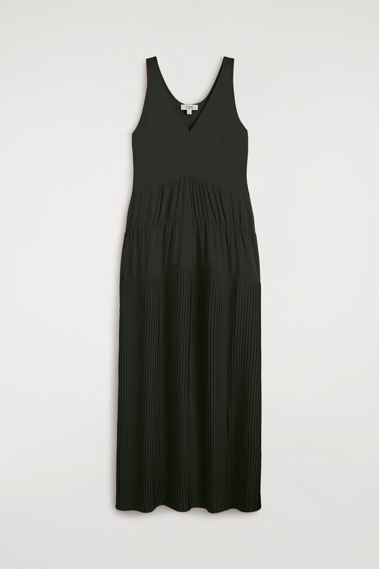 GATHERED PLEATED V-NECK MAXI DRESS — DARK GREEN