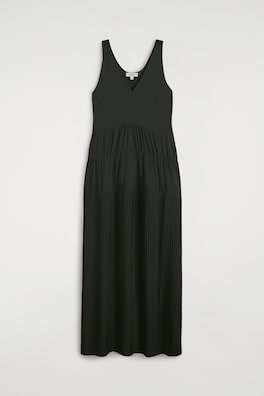 GATHERED PLEATED V-NECK MAXI DRESS — DARK GREEN 9