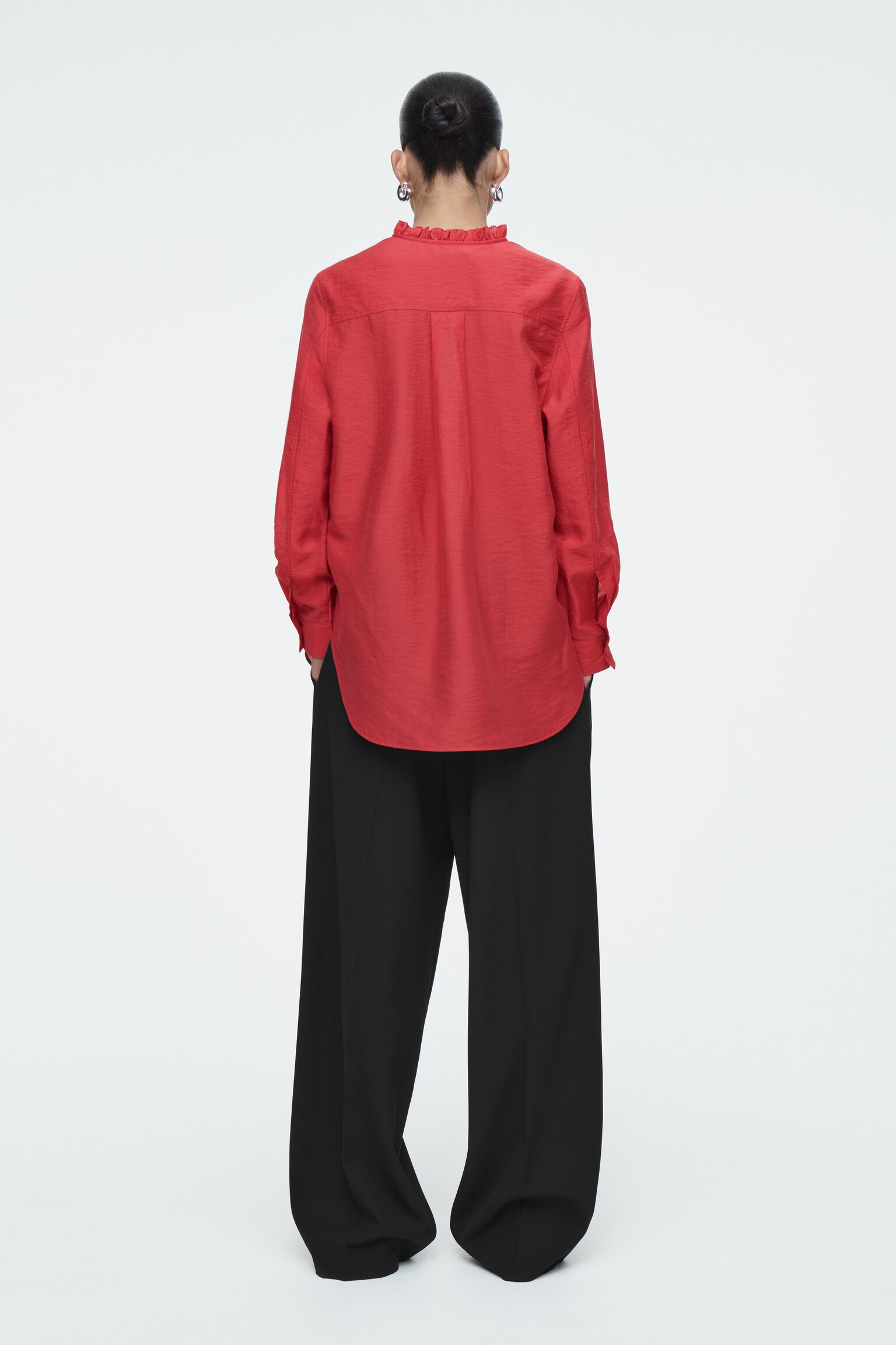 RUFFLE-COLLAR TEXTURED BLOUSE - RED - 4