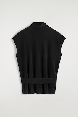 BELT-DETAIL FUNNEL-NECK WOOL VEST — BLACK 7