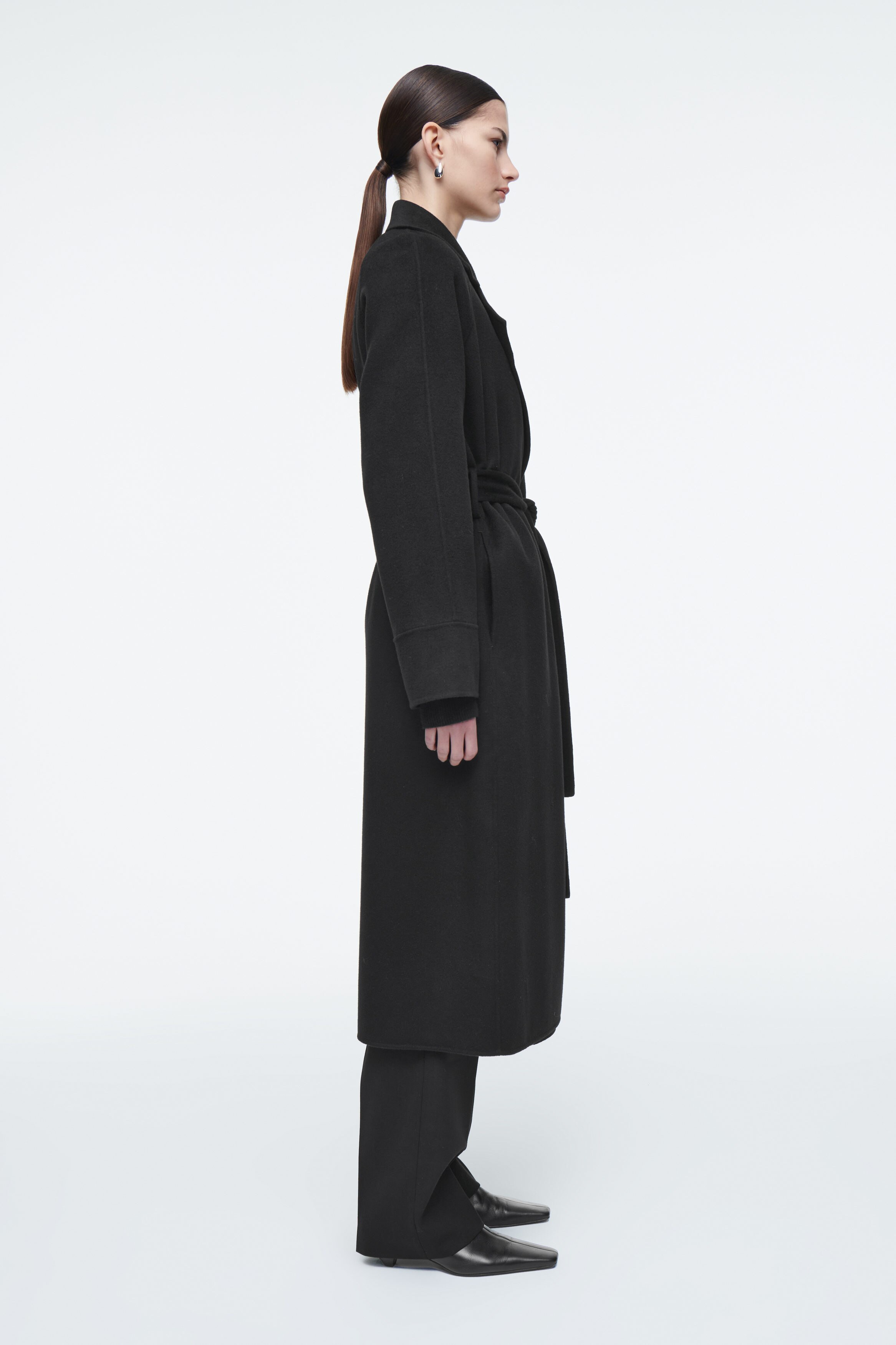 BELTED DOUBLE-FACED WOOL COAT - BLACK | COS