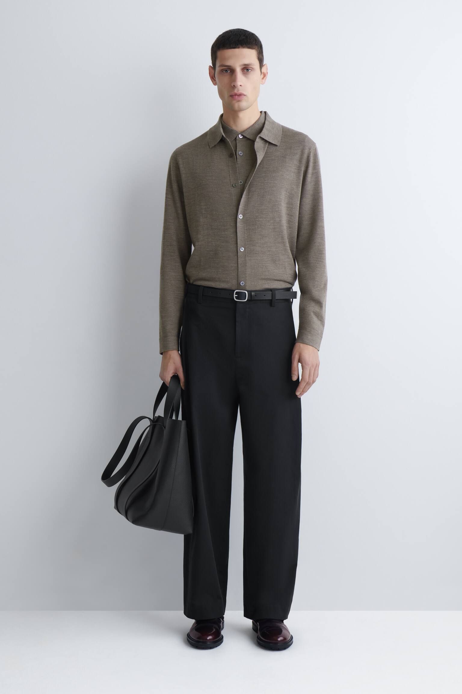 STRIKKET T-SHIRT I MERINOULD - BRUNMELERET/KOKSGRÅ/SORT - 5