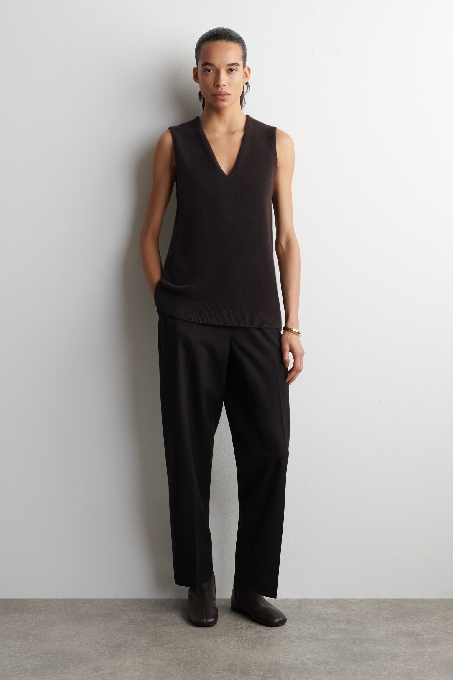 WOOL V-NECK TUNIC VEST - BROWN/BEIGE MÉLANGE - 3