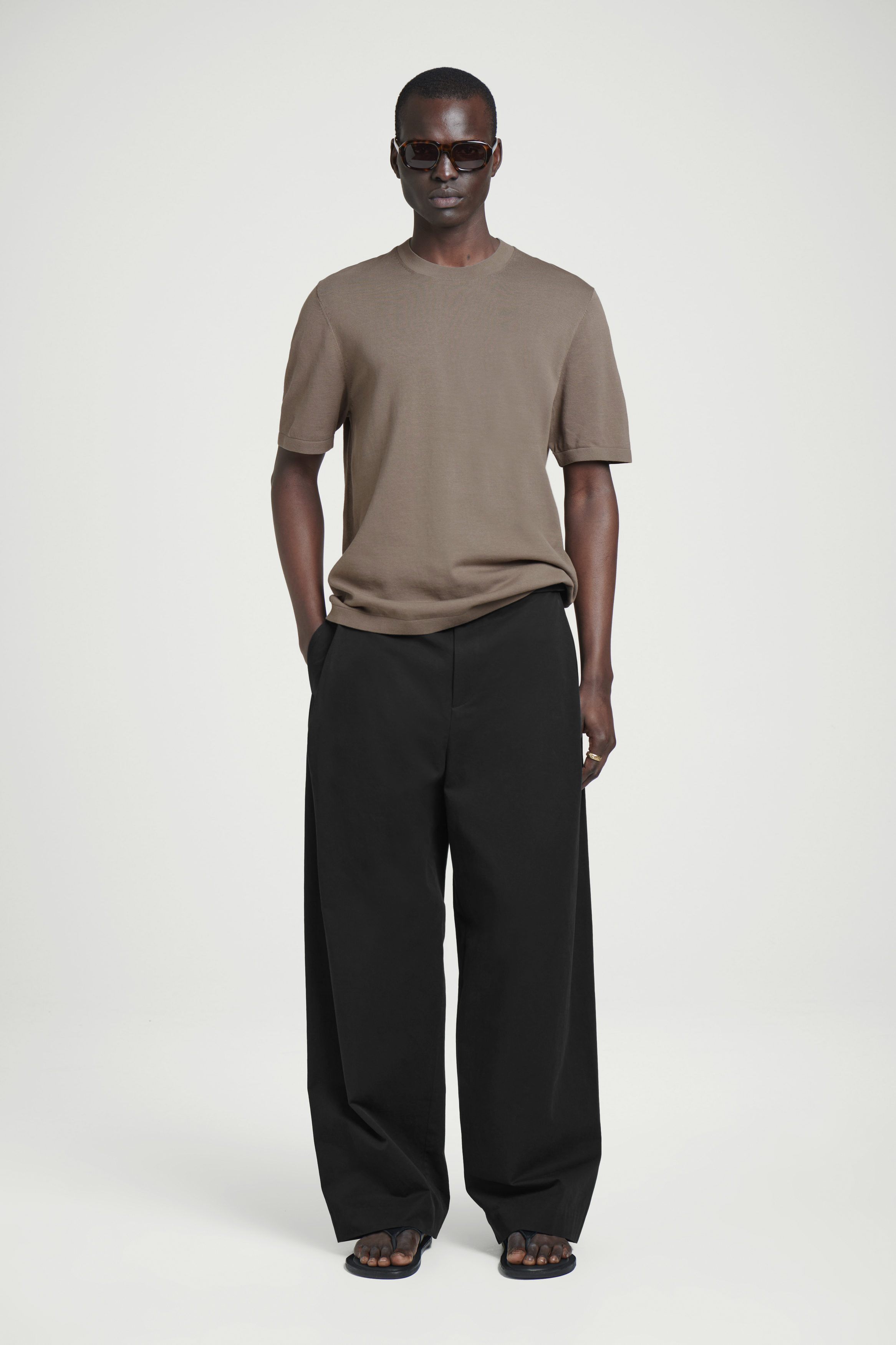 KNITTED COTTON CREW-NECK T-SHIRT - DARK MOLE | COS US