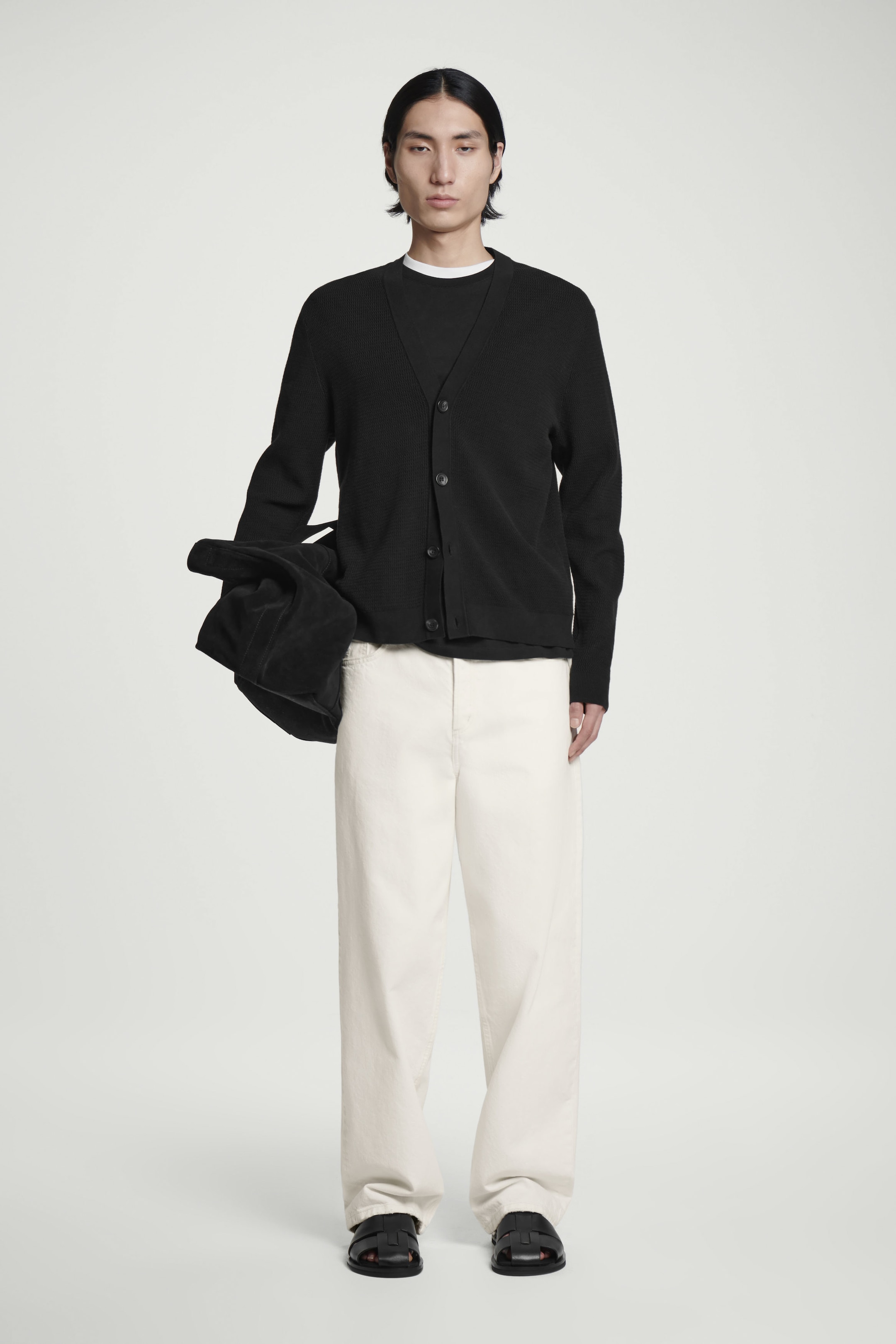 TEXTURED KNITTED COTTON V-NECK CARDIGAN