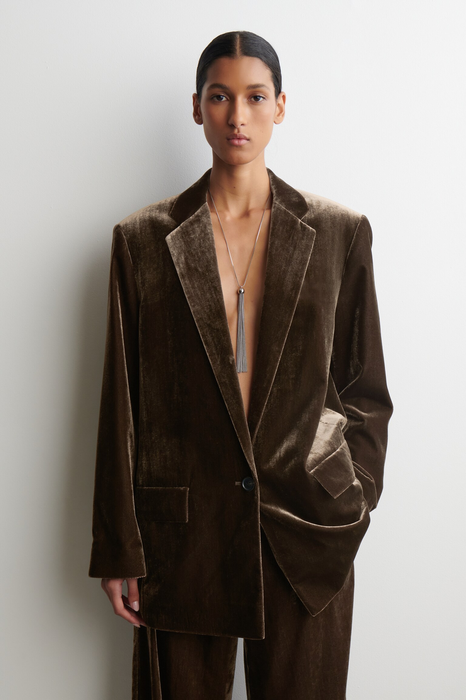 SINGLE-BREASTED VELVET BLAZER - BROWN