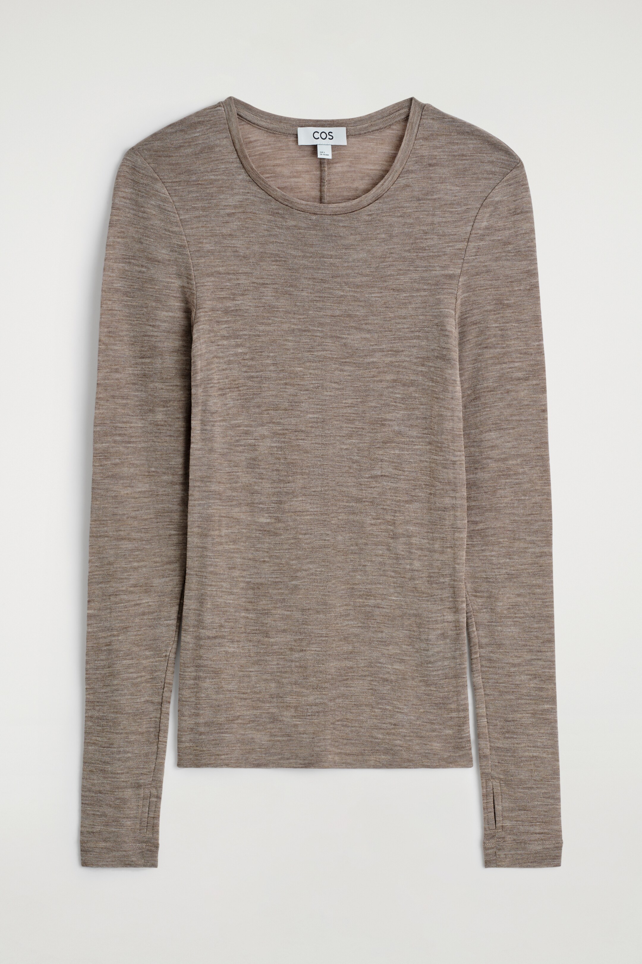 View larger image: A heathered brown, finely knitted long-sleeved top is presented flat, facing front. It is featuring a round neck, a slim silhouette, and thumbhole cuffs on its long sleeves.