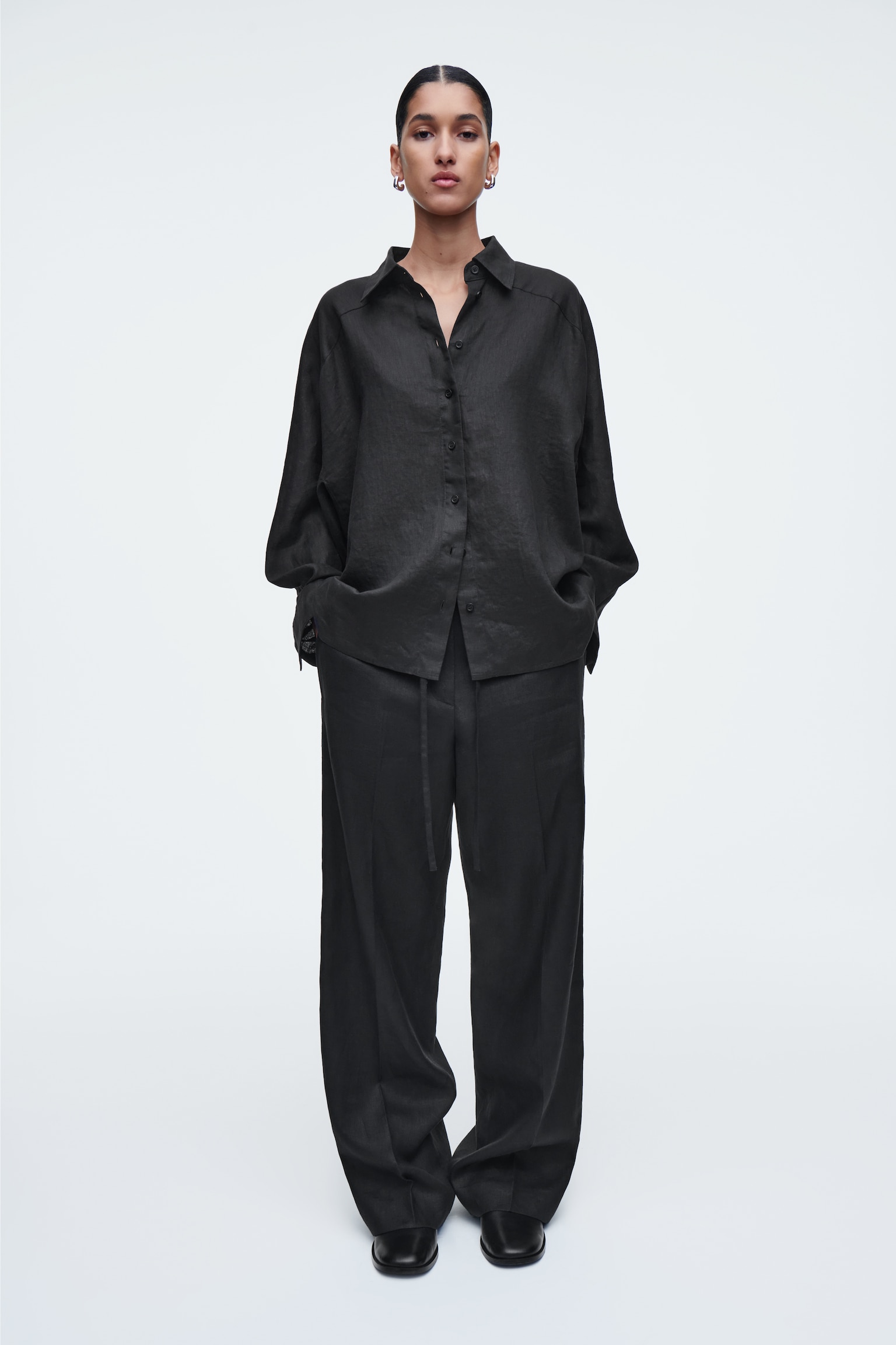 LINEN DRAWSTRING TROUSERS - BLACK