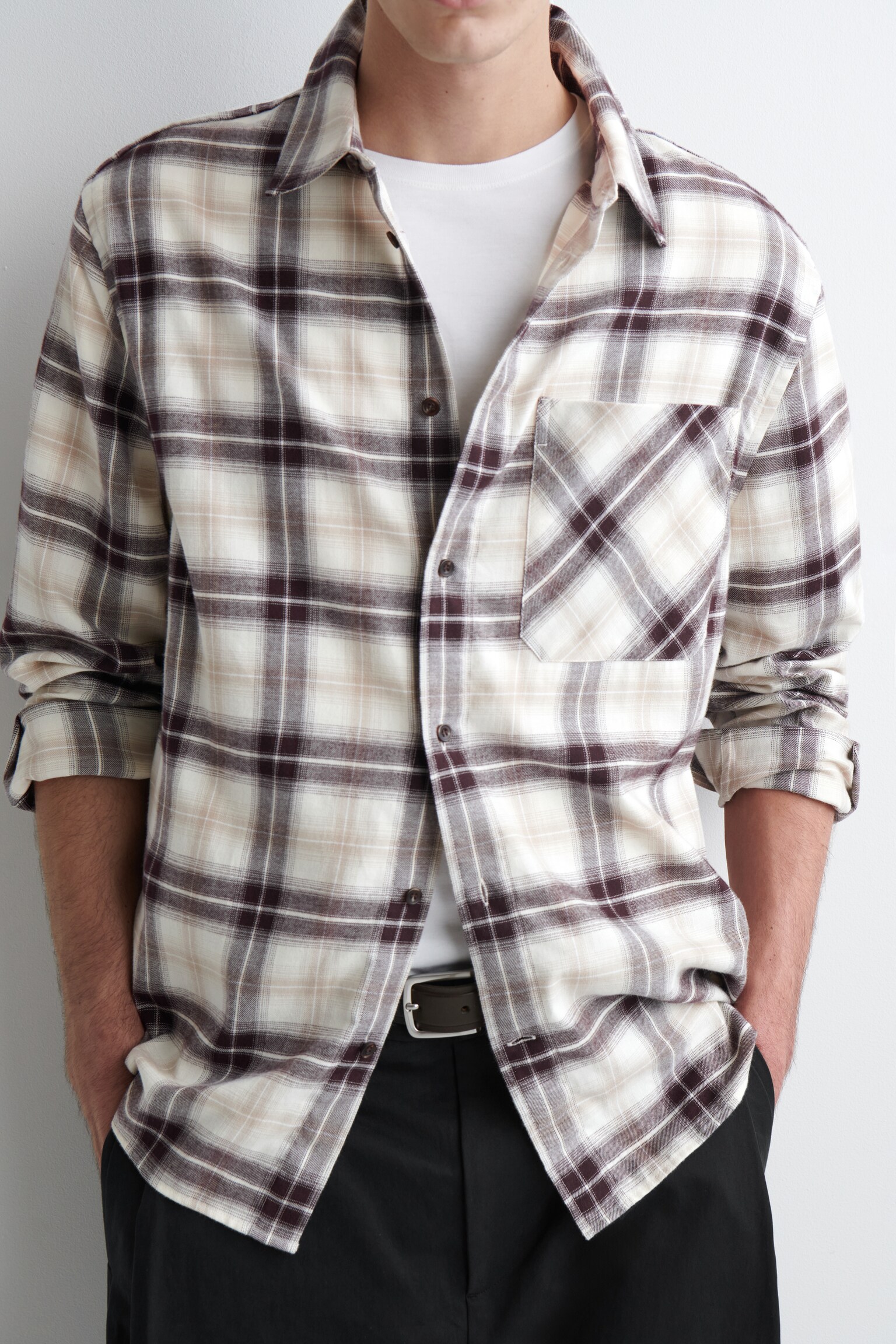 CHECKED PIMA COTTON SHIRT - BEIGE / BURGUNDY / CHECKED - 5